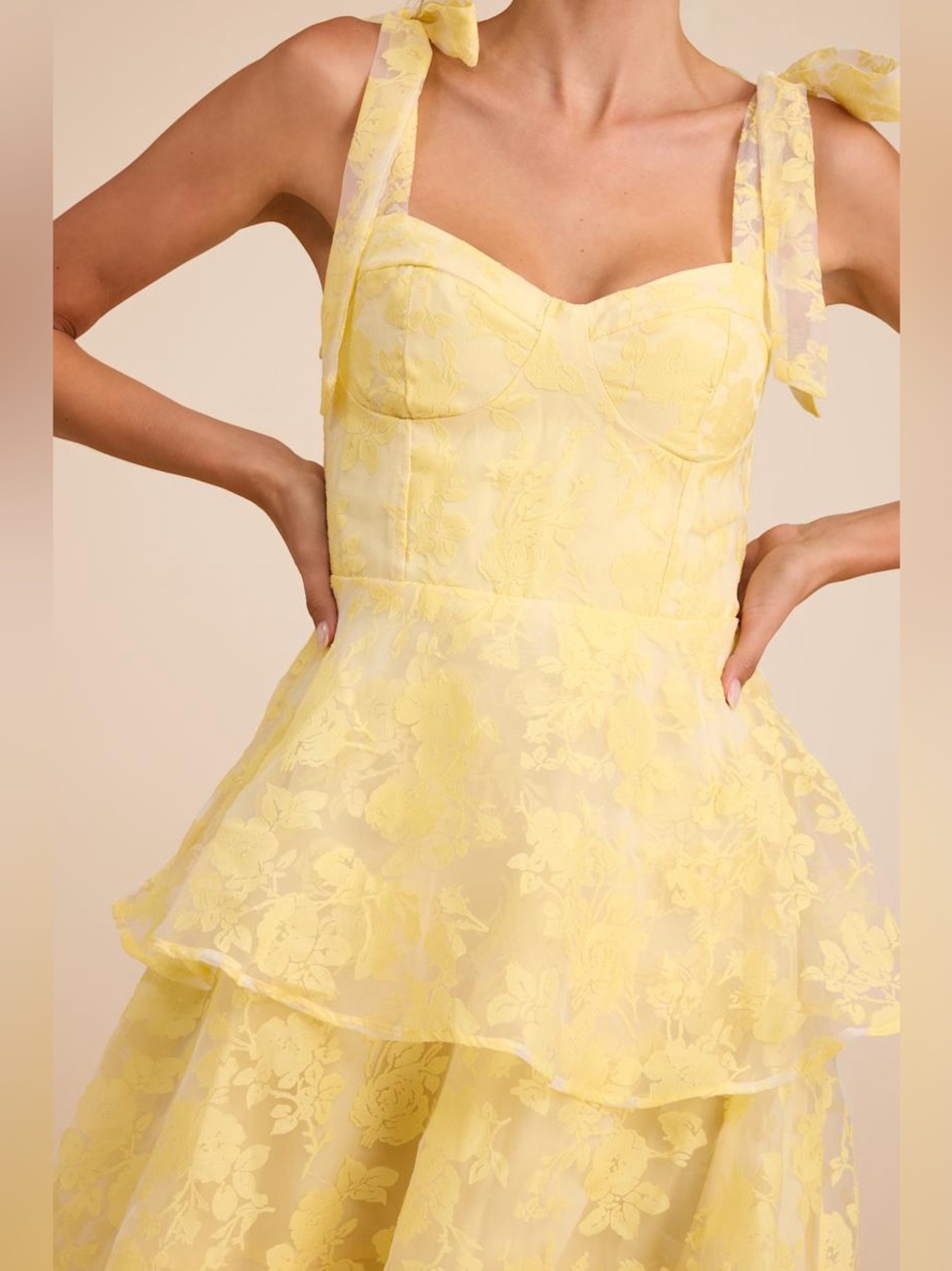 LULUS Floral Burnout Chiffon Sweetheart Bustier Tier Ruffle Fairycore Dress M - Picture 9 of 10